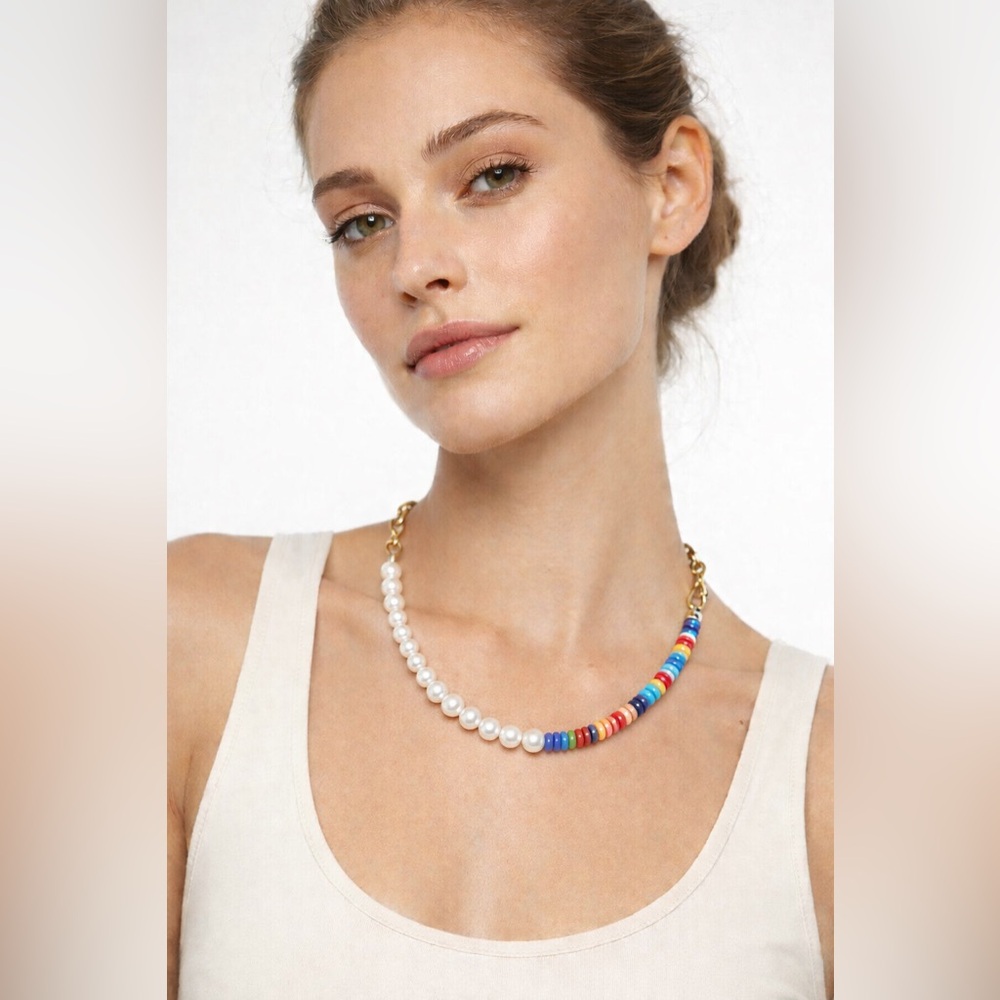 Martha Calvo Asymmetrical Pearl Rainbow Bead Necklace Gold Statement 28”